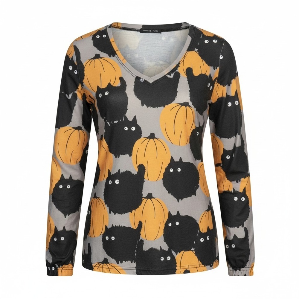 Noracora Womens Spooky Black Cat Pumpkin Halloween V-Neck Long Sleeve Top XXL